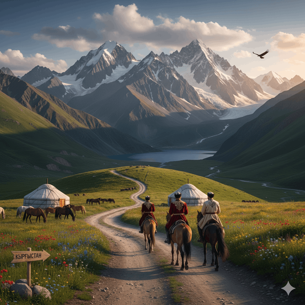 Berge Pferde Reiter Horizont Kirgisistan Reisetipps